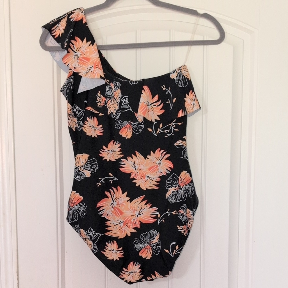 One-Shoulder Black Floral One-Piece Swimsuit - Peach Print - Picture 2 of 4